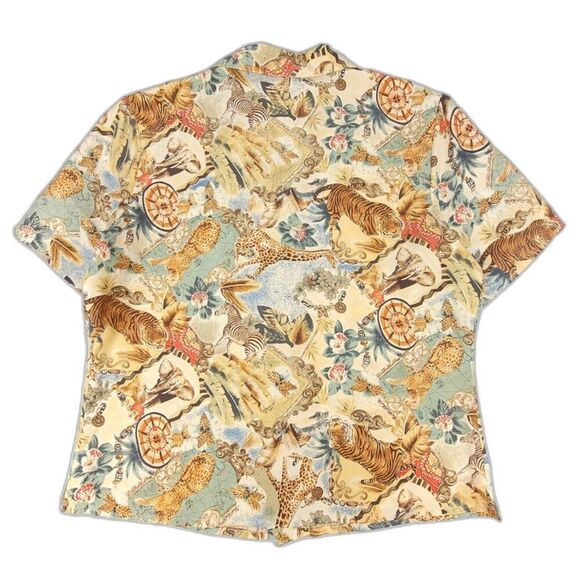 VINTAGE 100% Silk Safari Novelty Print 90's Short Sleeve Button Down Shirt Large - Picture 5 of 6
